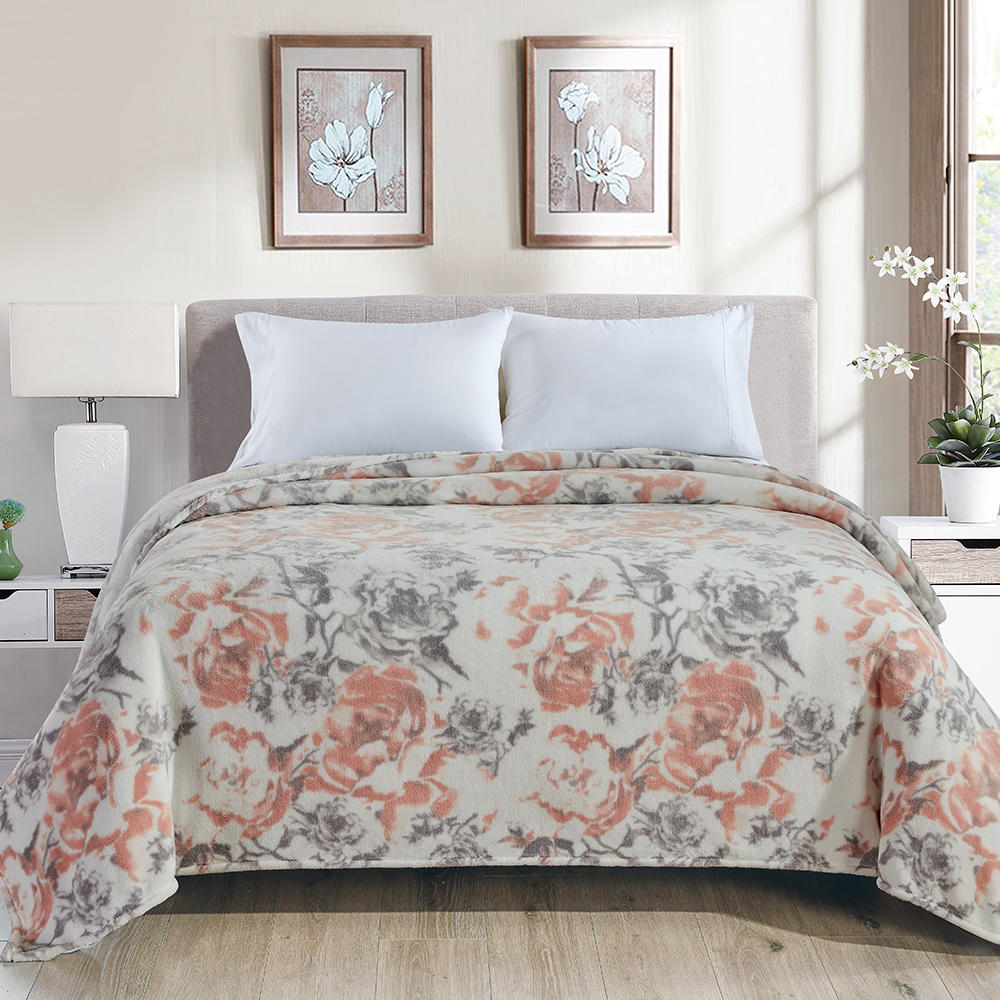 Curled floral print double bed flannel print blanket